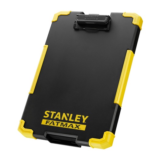 STANLEY FMST82721-1 black and yellow clipboard angled on white background, rugged corners, FATMAX logo visible.