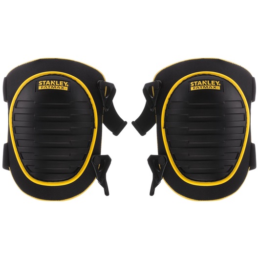 Stanley FMST82961-1 black and yellow FatMax knee pads, front view, with hard shell and adjustable straps.