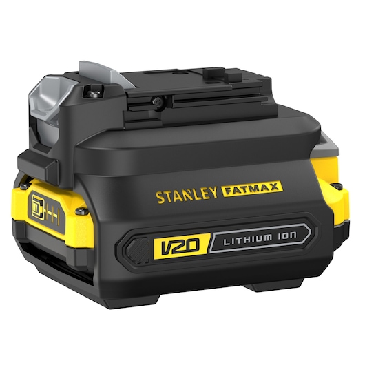 STANLEY SFMCB100 V20 Lithium Ion battery, black and yellow, three-quarter angle on white background.