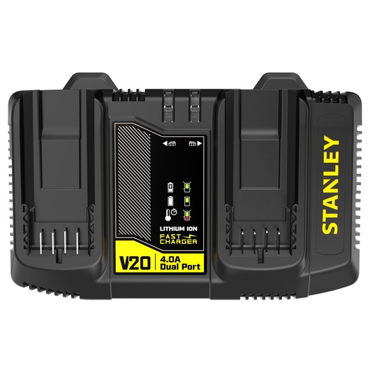 STANLEY SFMCB24 battery charger, V20 Fatmax 4.0A dual port, front angle, black and yellow design.
