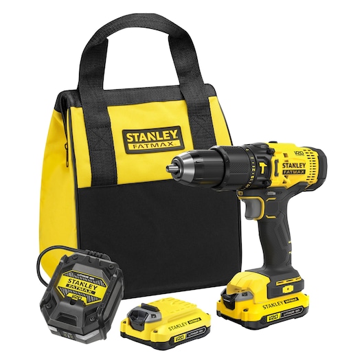 STANLEY SFMCD700C2S drill set with bag, two batteries, and charger, front angle on white background.