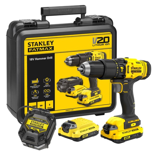 STANLEY SFMCD711C2K V20 18V hammer drill kit with carry case, charger, and two lithium-ion batteries, front angle.