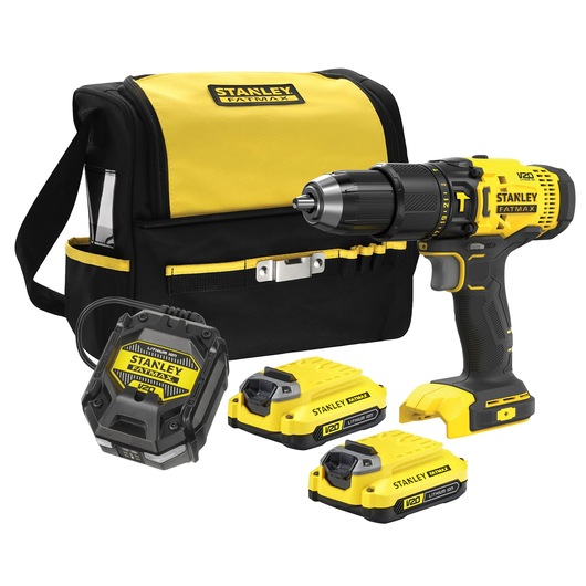 STANLEY SFMCD711C2S drill set photo, includes drill, charger, two batteries and tool bag, front angle.