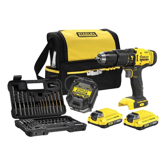 Photo of STANLEY SFMCD711DSA drill kit with yellow-black bag, accessories, batteries, and drill bits, front angle.