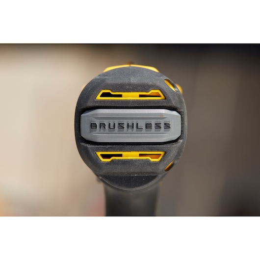 STANLEY SFMCD715M2K brushless drill close-up, showing the front with yellow and gray accents.