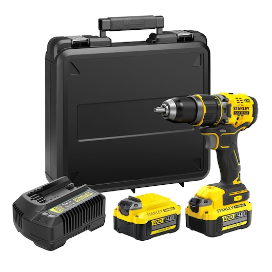 STANLEY SFMCD721M2K cordless drill set with two batteries, charger, and black carrying case, front angle.