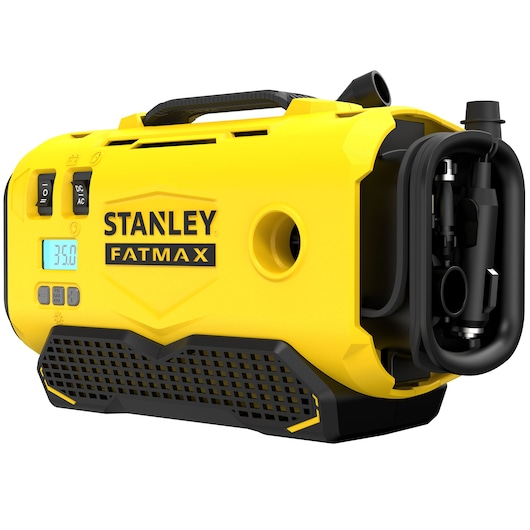 Photo of STANLEY SFMCE520B FATMAX portable yellow air compressor, angled view, digital display and hose storage visible.