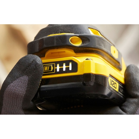 STANLEY SFMCF810D2K cordless tool close-up with battery indicator, yellow and black color.