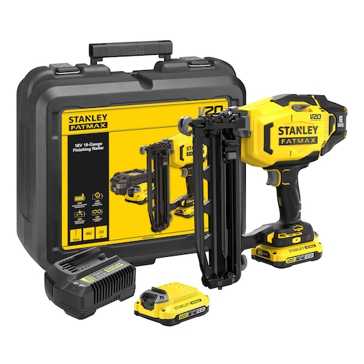 STANLEY SFMCN616D2K finishing nailer kit with battery, charger, and hard case, front angle.