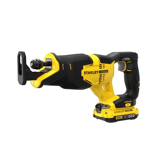 STANLEY SFMCS300D2K cordless reciprocating saw, yellow and black, side angle on white background.