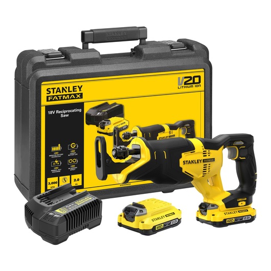 STANLEY SFMCS300D2K reciprocating saw kit with two batteries, charger, and case, angled view on white.