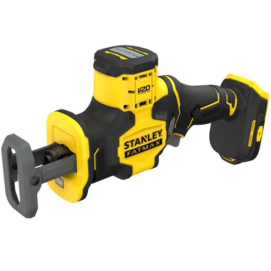 STANLEY SFMCS305B V20 Fatmax cordless reciprocating saw, yellow and black, front angle, on white background.