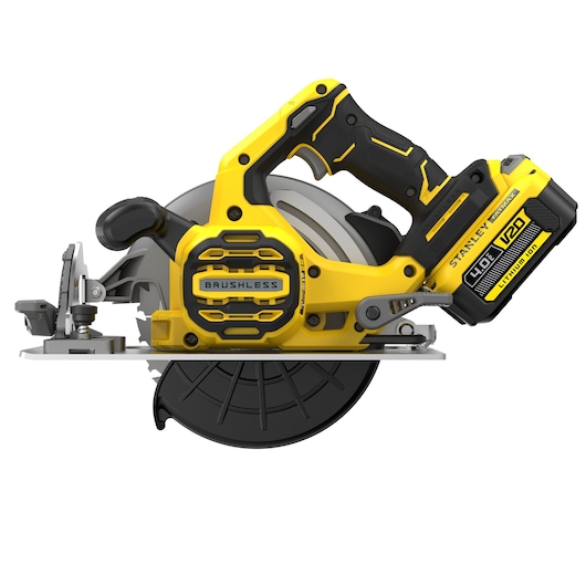 STANLEY SFMCS550M2K cordless circular saw, yellow and black, side angle on white background.