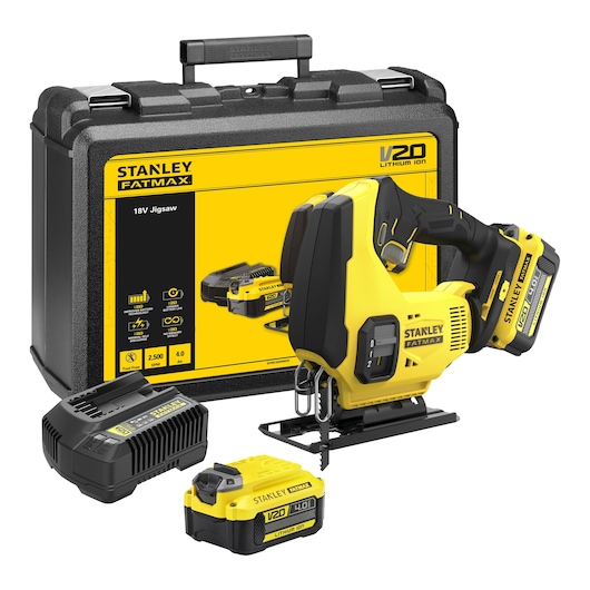 STANLEY SFMCS600M2K cordless jigsaw kit with battery, charger, and hard case, angled product shot.