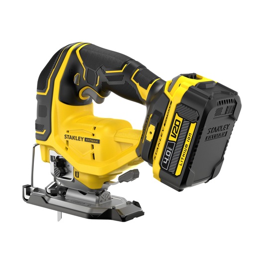 Stanley FatMax V20 cordless jigsaw with a 4.0Ah lithium-ion battery, black and yellow design.