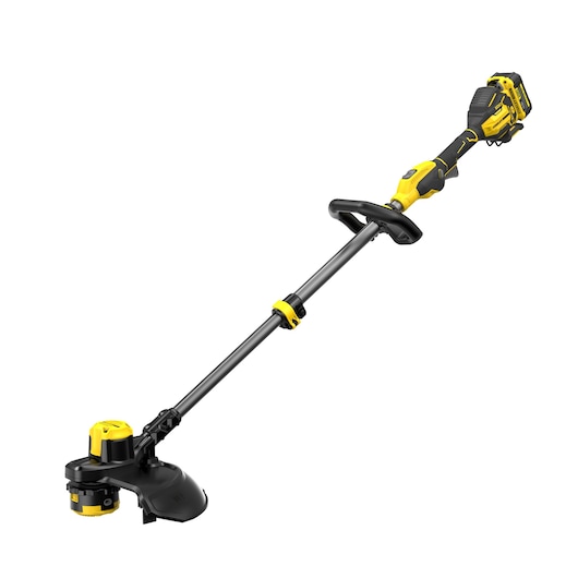 Stanley cordless grass trimmer with yellow and black design and adjustable handle, shown against a white background.