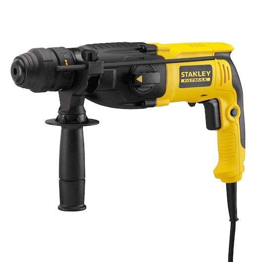 STANLEY SFMEH210K rotary hammer drill, black and yellow, side view on white background.