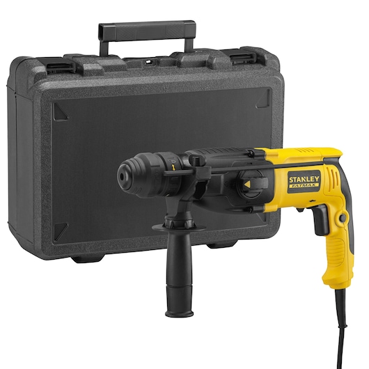 STANLEY SFMEH210K rotary hammer drill with yellow and black body, shown with black carrying case, front angle.