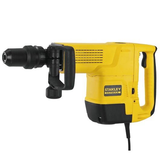 Photo of STANLEY SFMEH230K-QS yellow corded demolition hammer, side angle, black handle and details visible.