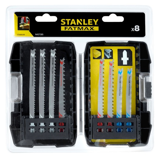 STANLEY STA88300 saw blade set, 8-piece, for wood and metal, in black plastic case, top view.