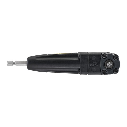 STANLEY STA88582 black right angle drill attachment, product photo from top on white background.