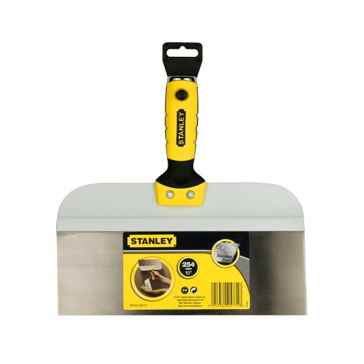 Stanley STHT0-05771 stainless steel taping knife with yellow and black ergonomic handle, front view.