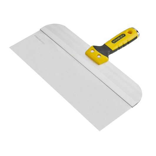 STANLEY STHT0-05776 taping knife with stainless steel blade, yellow and black handle, angled top view.