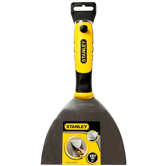 STANLEY STHT0-05799 stainless steel putty knife, yellow and black handle, front view, photography.