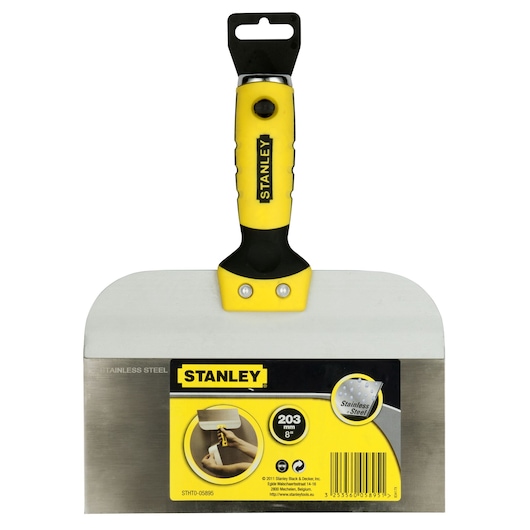 STANLEY STHT0-05895 stainless steel taping knife with yellow and black handle, front view, photography