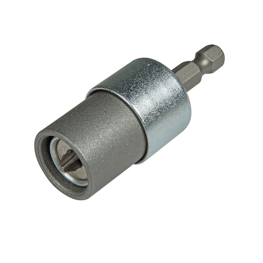 A close-up image of a STANLEY magnetic screw holder with bit, designed for use with power drills. The tool features a