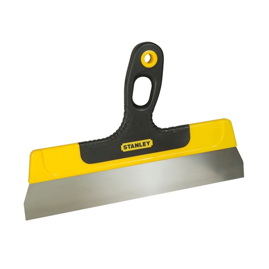 Stanley wide putty knife with black-yellow handle and steel blade, used for spreading plaster or filler.