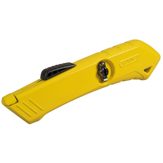 Photo of STANLEY STHT0-10193 yellow utility knife with black slider, angled on white background.