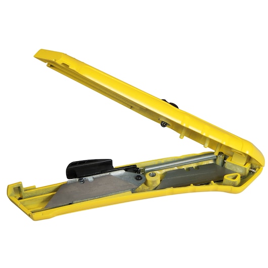 STANLEY STHT0-10193 yellow utility knife with open casing, side angle, showing internal blade mechanism.