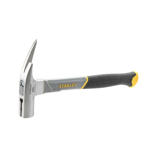Stanley claw hammer with black and yellow grip, silver head, used for construction and woodworking.