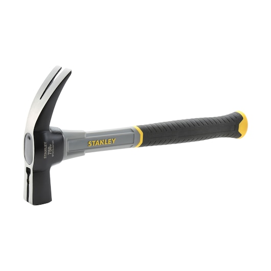 Stanley claw hammer with a black and grey handle and yellow accents, suitable for construction and DIY tasks.
