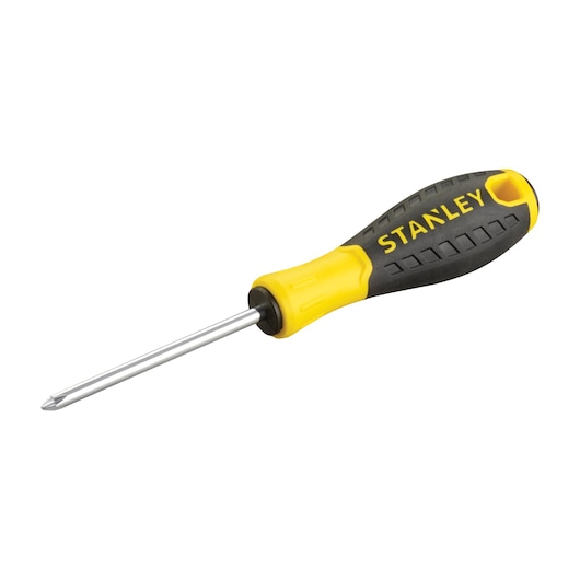 Stanley Phillips screwdriver with yellow and black handle, metal shaft and tip, isolated on white background.