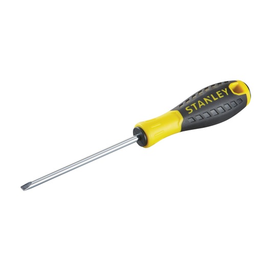 Photo of STANLEY STHT0-60378 screwdriver with yellow and black handle, flat head, side angle on white background.