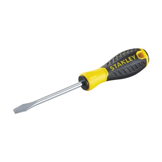 STANLEY STHT0-60389 flat head screwdriver, yellow and black handle, side angle photo.