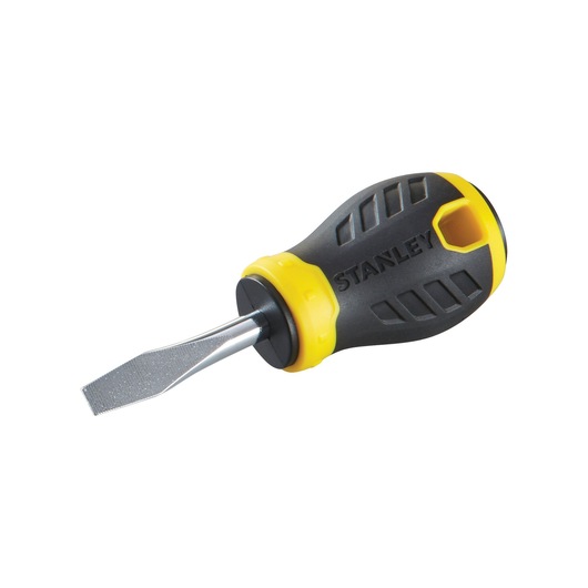 STANLEY STHT0-60401 stubby slotted screwdriver, black and yellow handle, front angle photo.