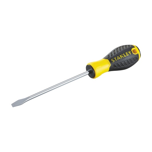 STANLEY STHT0-60413 flathead screwdriver with yellow and black handle, side angle on white background.