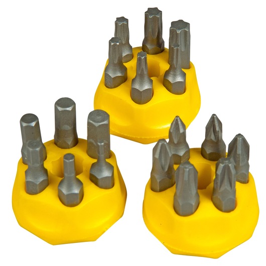 Three yellow holders with assorted screwdriver bits for various screw types.