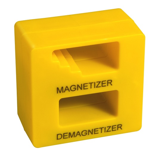 Yellow STANLEY tool for magnetizing and demagnetizing, with labeled slots for each function.