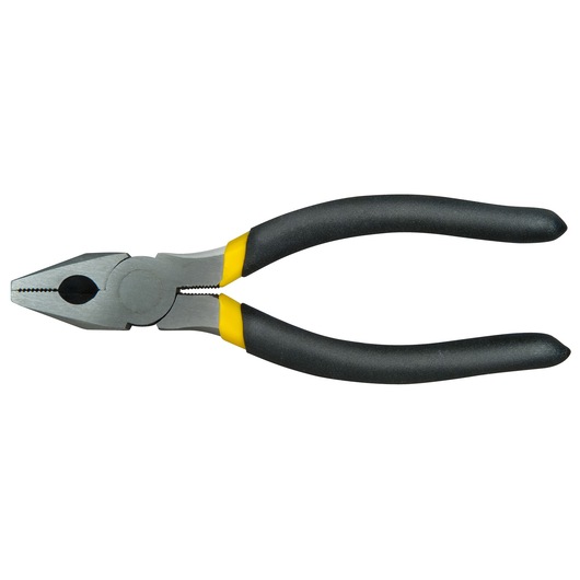 Steel pliers with black and yellow handles, displayed on a white background.