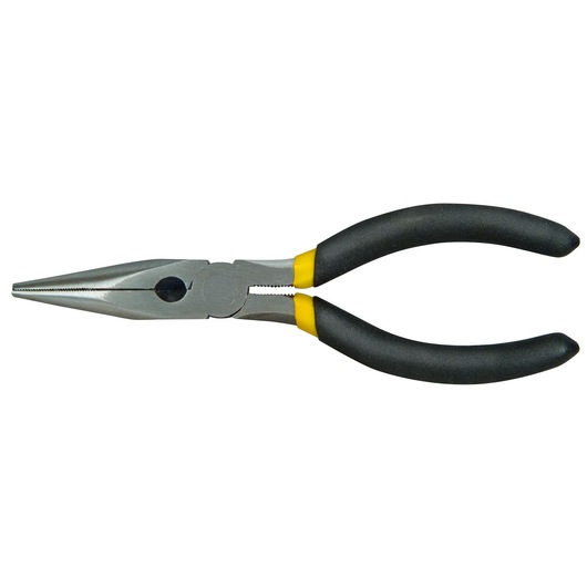 Long nose pliers with black and yellow handles shown on a white background.