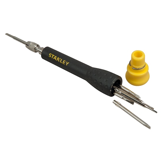 STANLEY STHT0-62629 precision screwdriver set with black handle and yellow bit holder, white background.