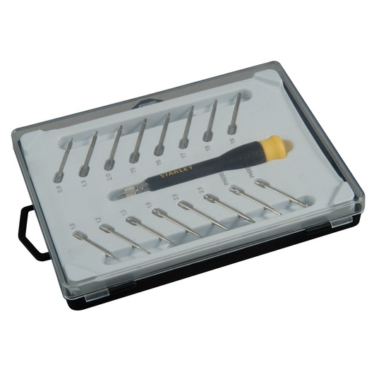 Photo of STANLEY STHT0-62633 precision screwdriver set with multiple bits in a transparent plastic case, angled view.