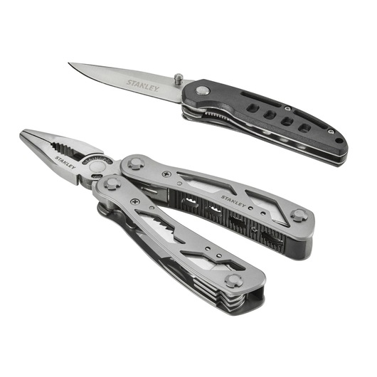 Stanley multitool pliers and folding pocket knife with metallic finish shown side by side on white background.