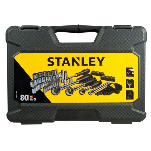 Stanley black tool case with yellow label showing assorted socket and ratchet tools, 80-piece set.