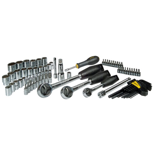 Stanley socket and wrench set with screwdriver bits and hex keys, arranged on a white background.