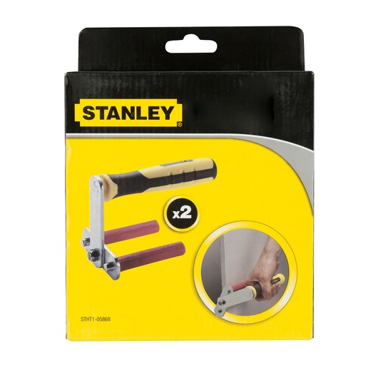 STANLEY STHT1-05868 drywall carry handles packaging, yellow and black box, front angle.